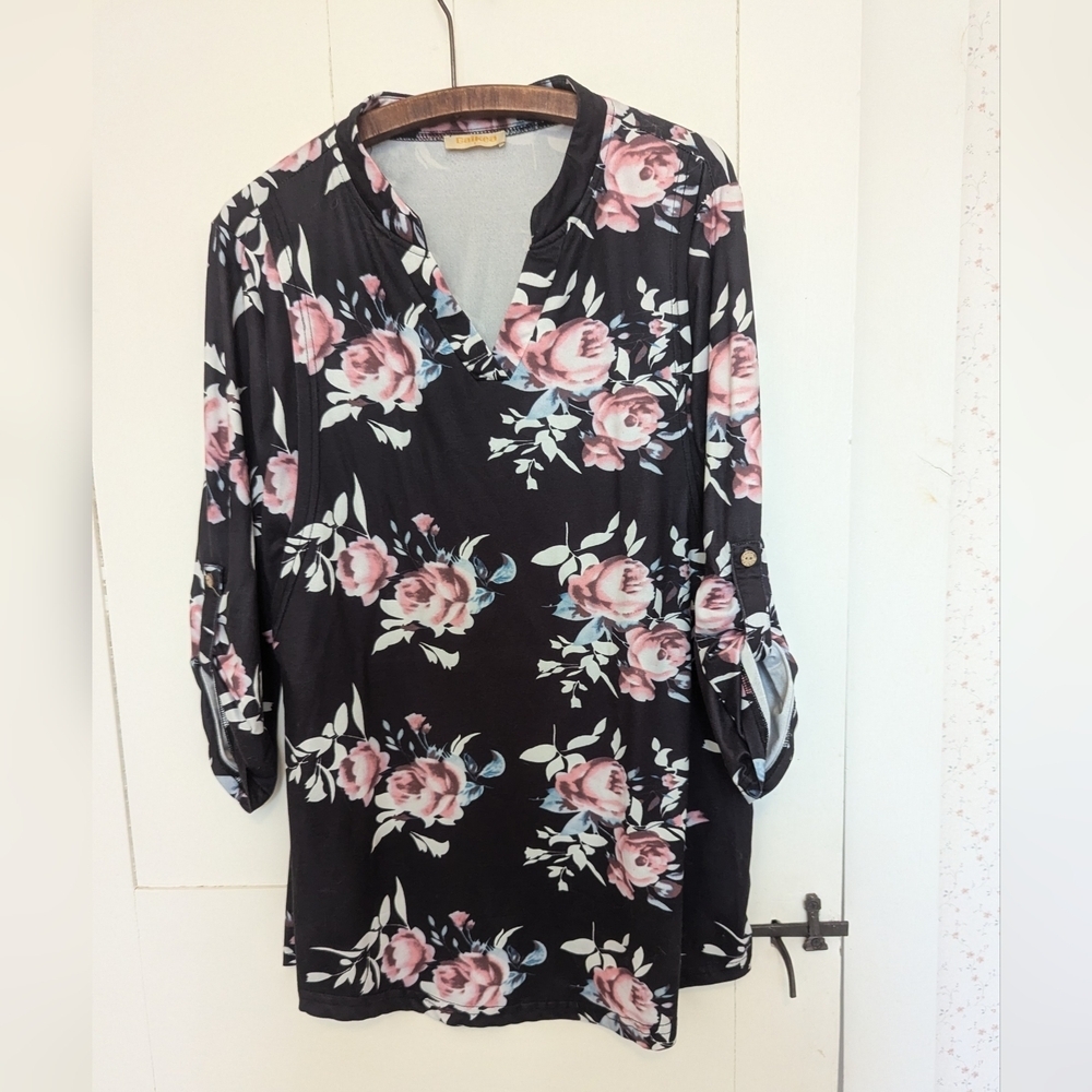 Baikea L Maternity Nursing Top Black Floral Print Long Sleeves Light Weight